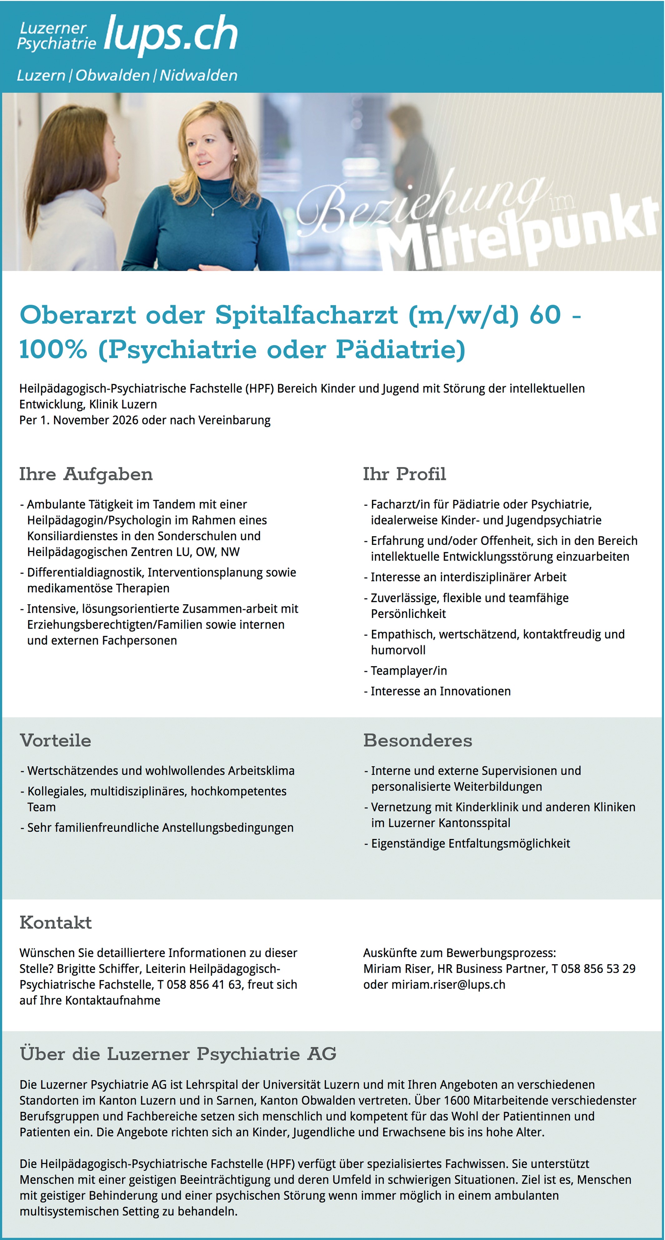 Oberarzt oder Spitalfacharzt m/w/d 60 - 100% Psychiatrie oder Pädiatrie