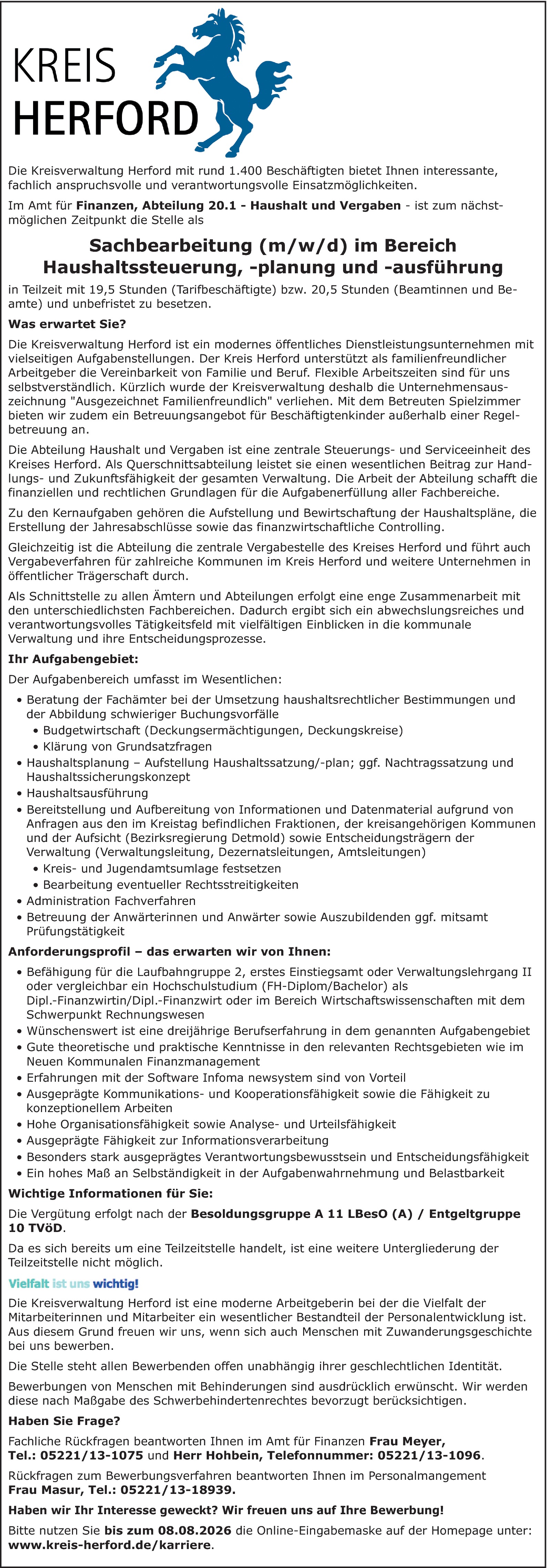 Sachbearbeitung (m/w/d) Haushaltssteuerung, -planung und -ausführung
