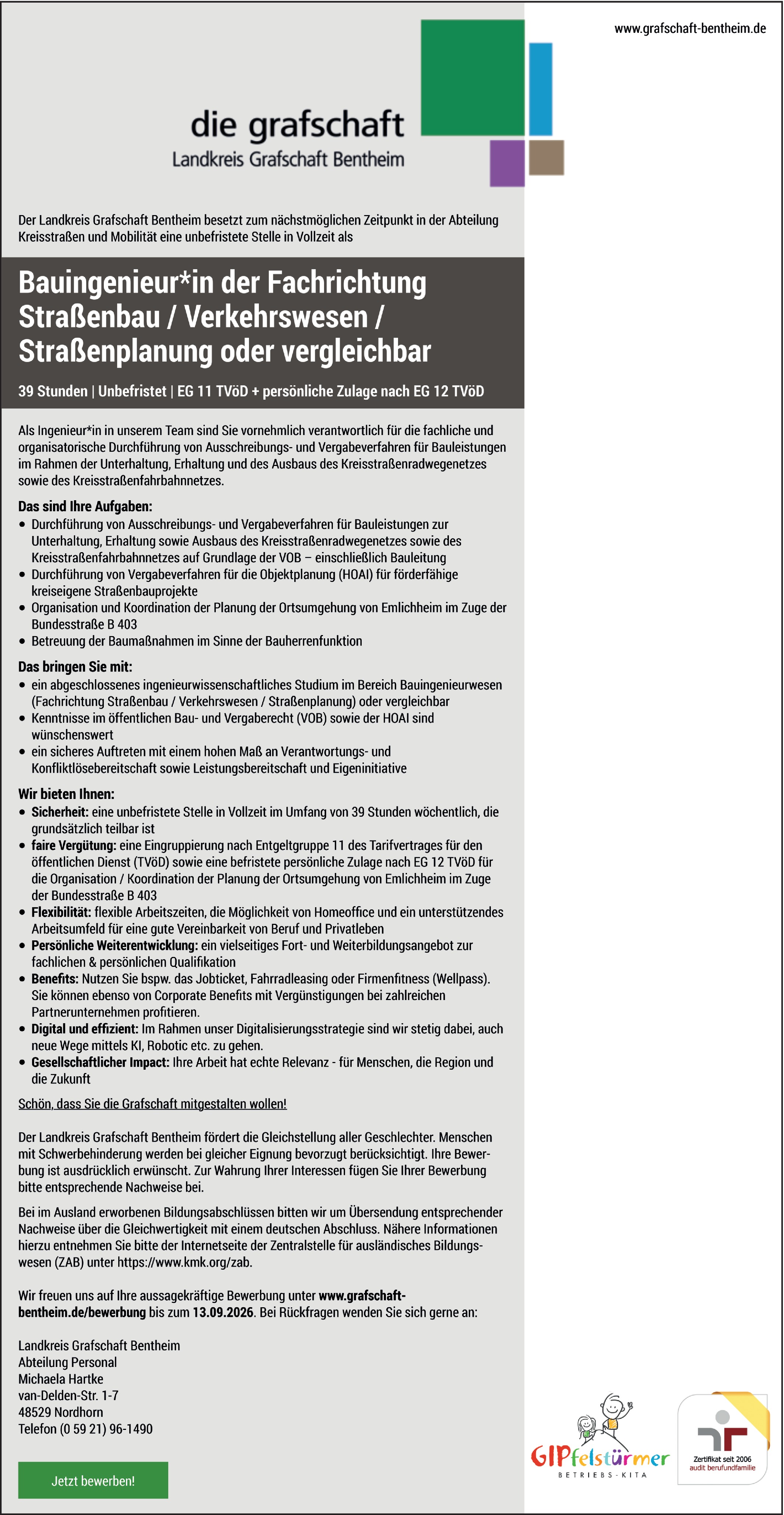 Bauingenieur / Bauingenieurin der Fachrichtung Straßenbau / Verkehrswesen / Straßenplanung