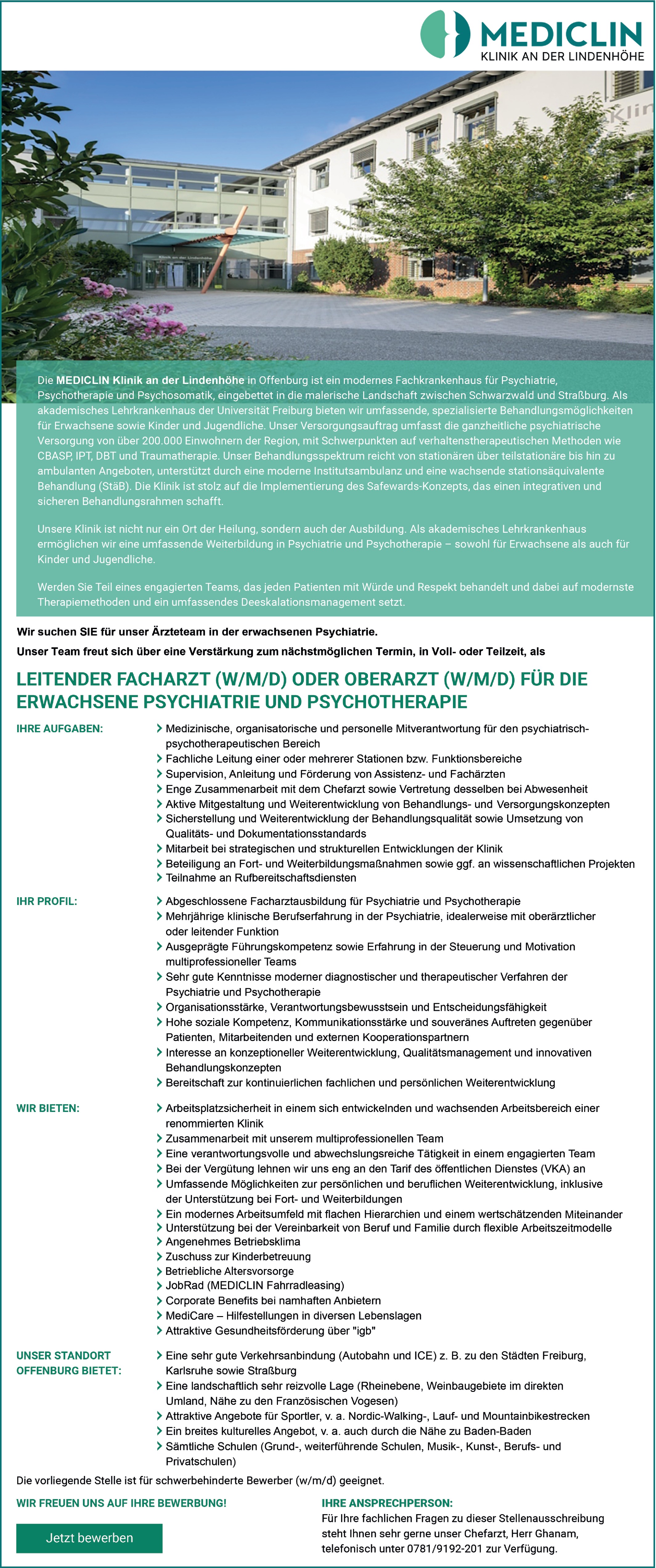 Leitender Facharzt oder Oberarzt w/m/d für die erwachsene Psychiatrie und Psychotherapie