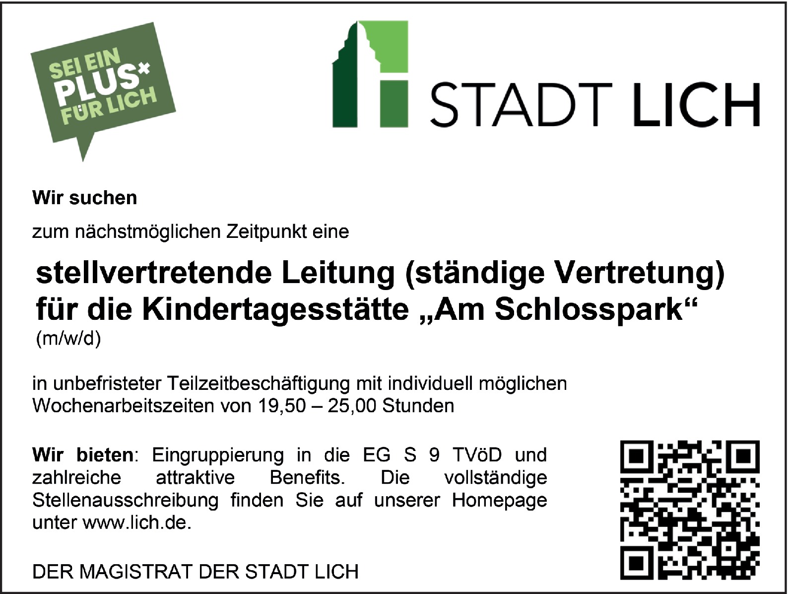 Leitung (ständige Vertretung) Kindertagesstätte  (m/w/d)