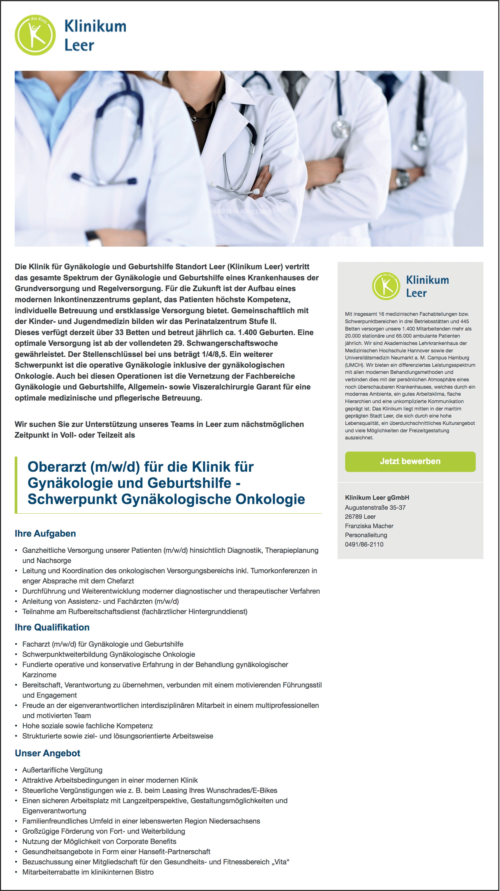 Oberarzt / Oberärztin für die Klinik für Gynäkologie und Geburtshilfe