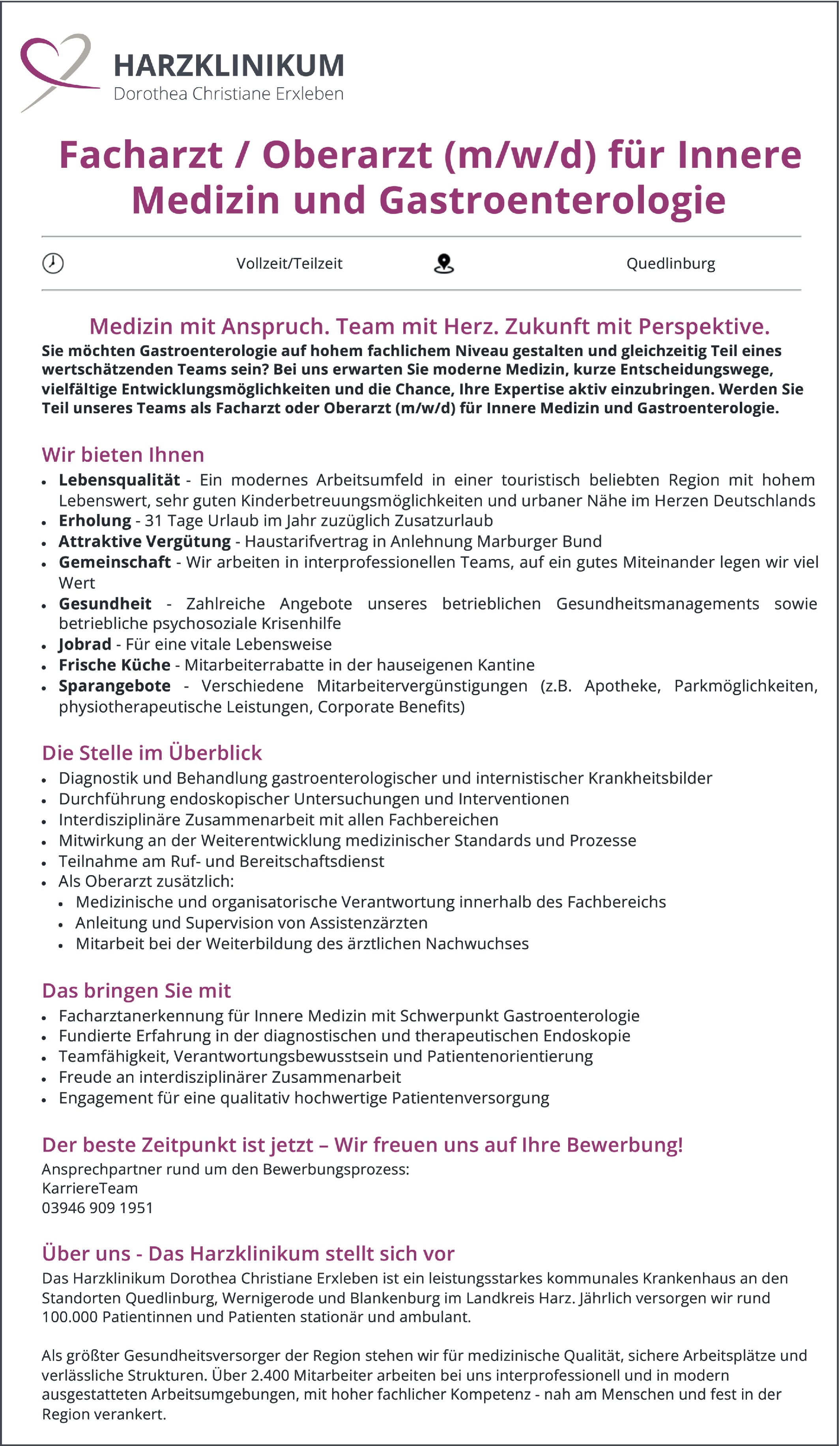 Facharzt / Oberarzt m/w/d für Innere Medizin und Gastroenterologie