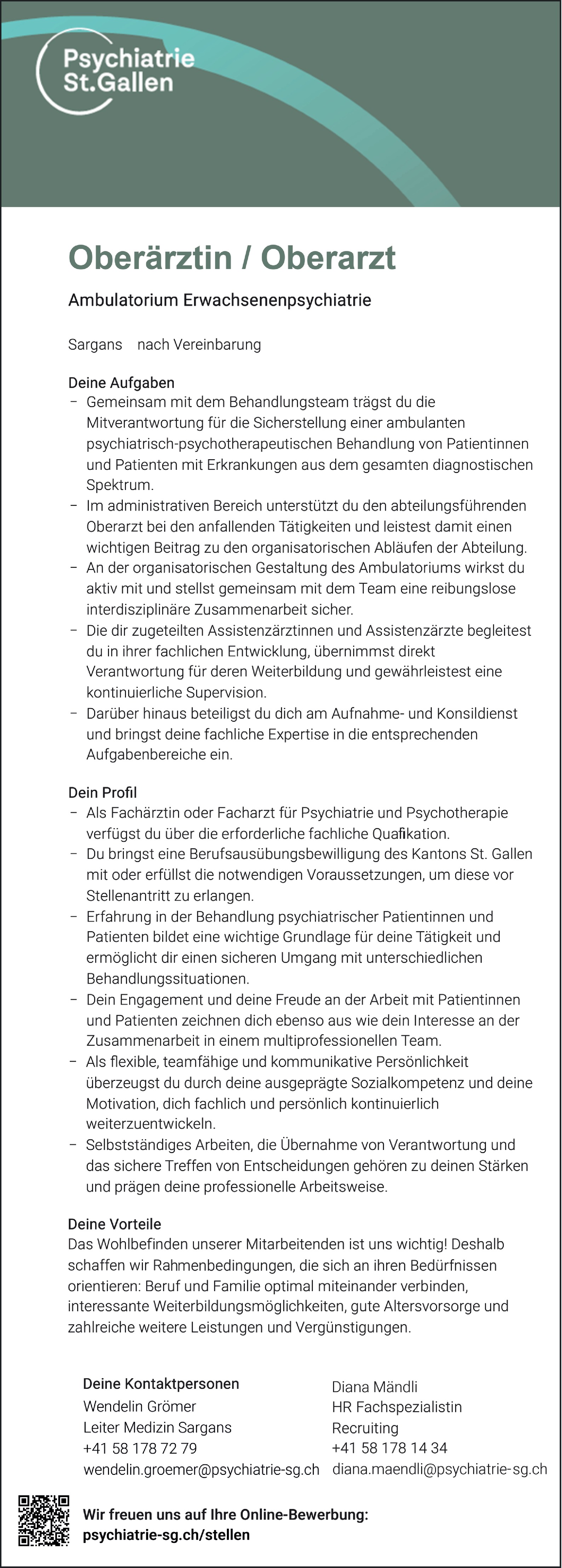 Oberärztin / Oberarzt Ambulatorium Erwachsenenpsychiatrie
