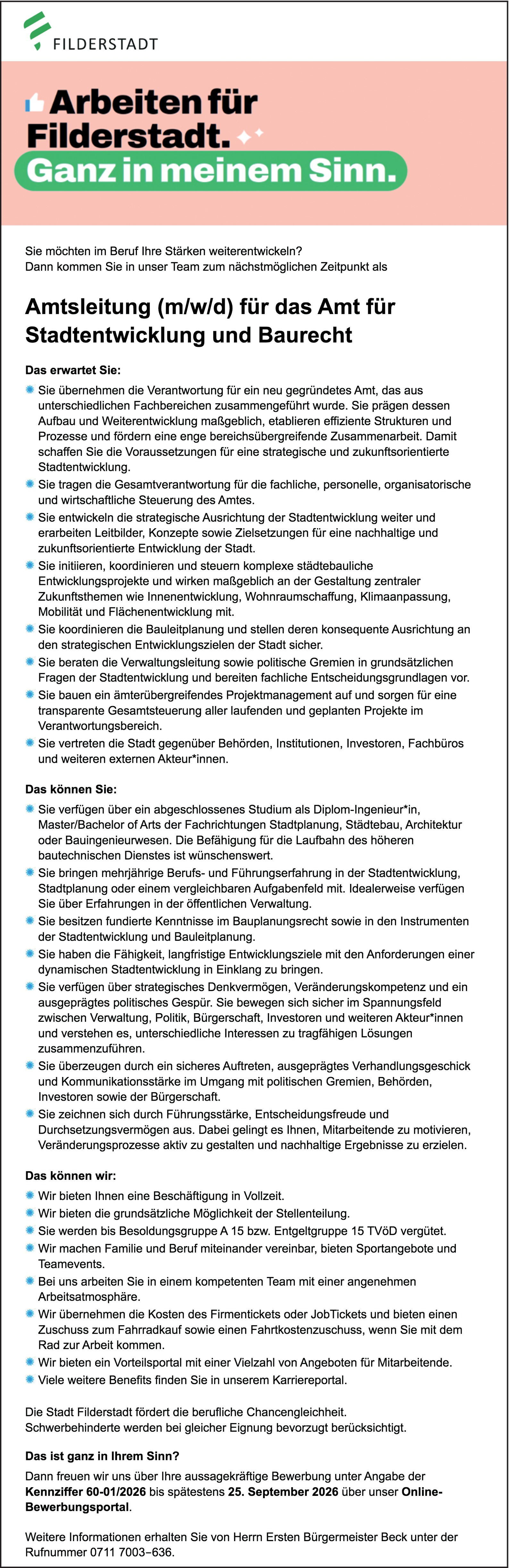 Amtsleitung m/w/d für das Amt für Stadtentwicklung und Baurecht