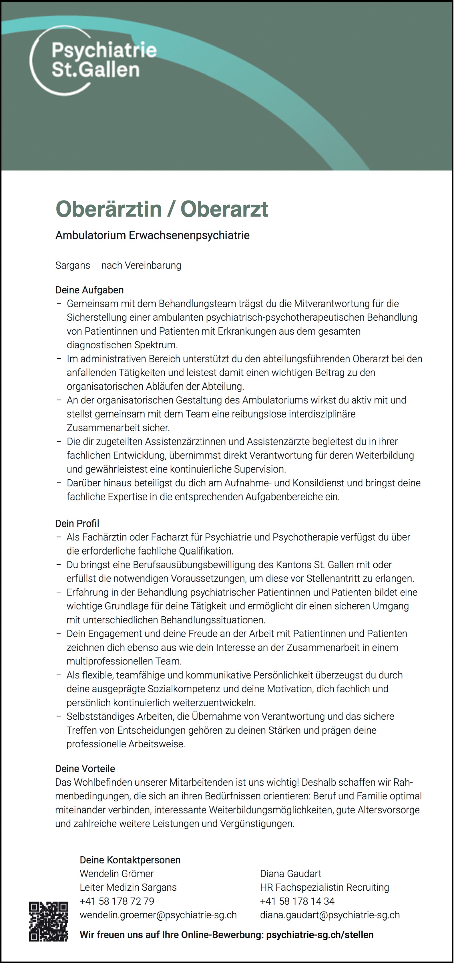 Oberärztin/ Oberarzt m/w/d Ambulatorium Erwachsenenpsychiatrie