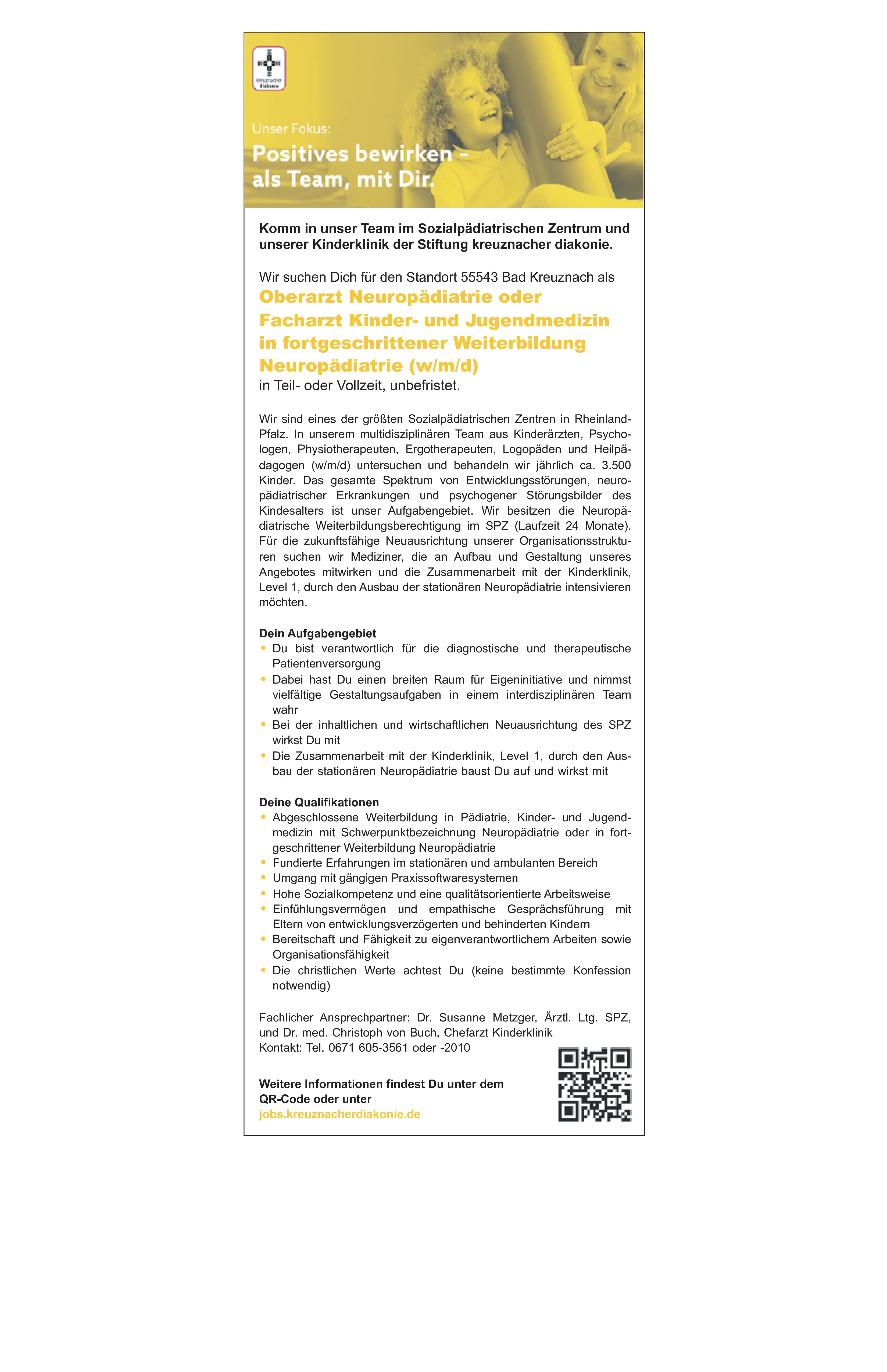 Oberarzt Neuropädiatrie oder Facharzt Kinder- und Jugendmedizin in fortgeschrittener Weiterbildung Neuropädiatrie w/m/d