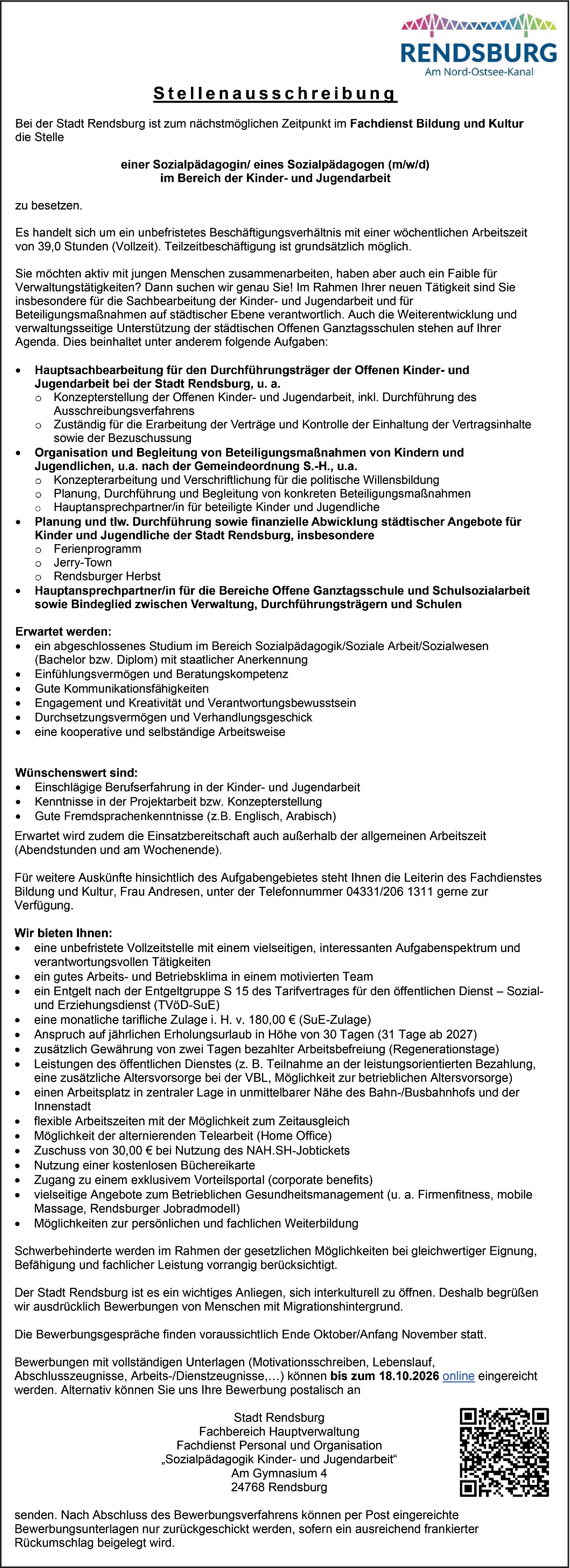Sozialpädagogin/ eines Sozialpädagogen (m/w/d) im Bereich der Kinder- und Jugendarbeit