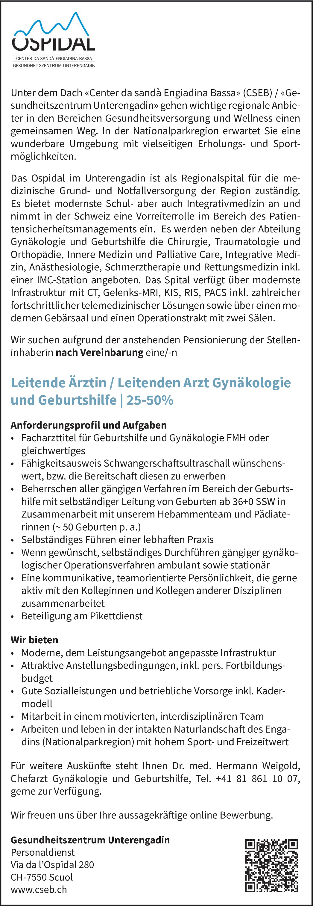 Leitende Ärztin / Leitenden Arzt Gynäkologie und Geburtshilfe
