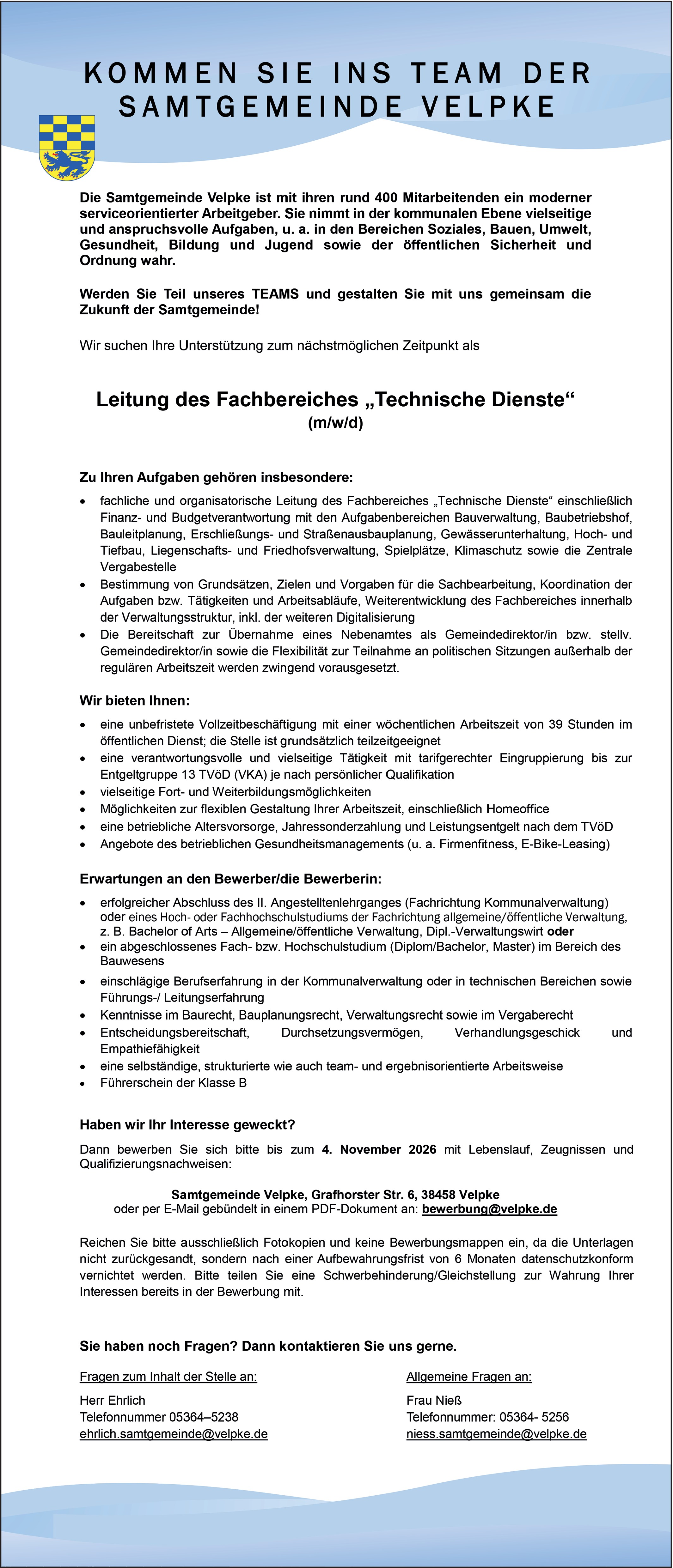 Verwaltungsfachwirt Fachbereichsleitung Technische Dienste (m/w/d)