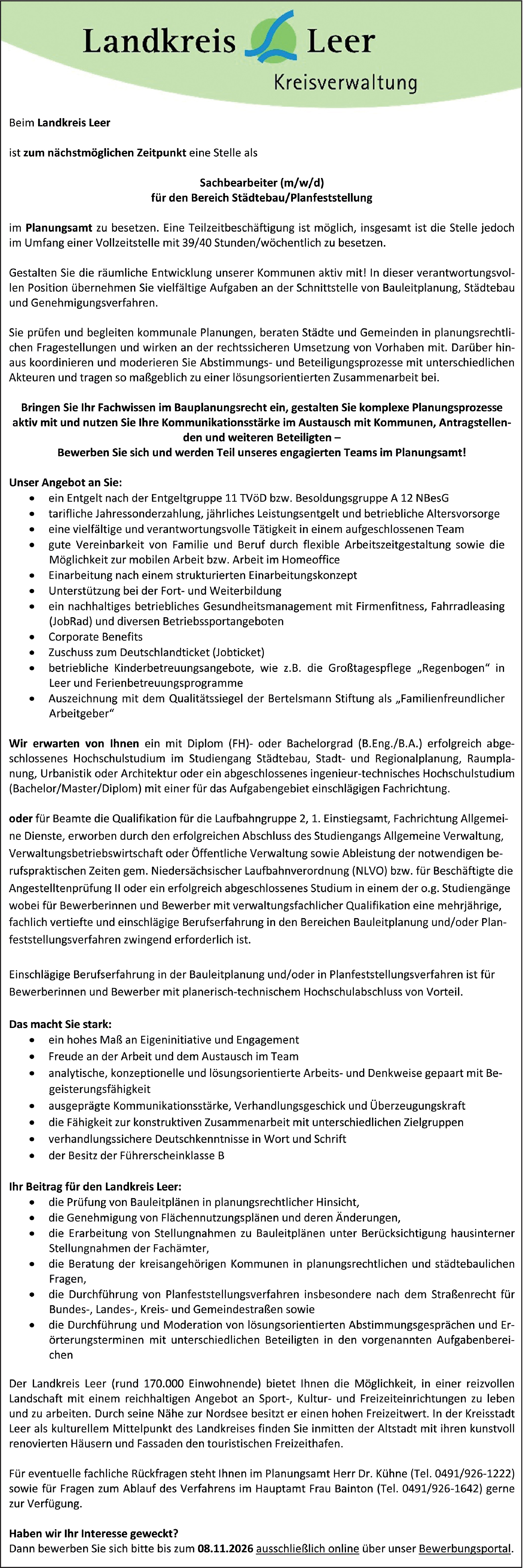 Sachbearbeiter m/w/d für den Bereich Städtebau/Planfeststellung 