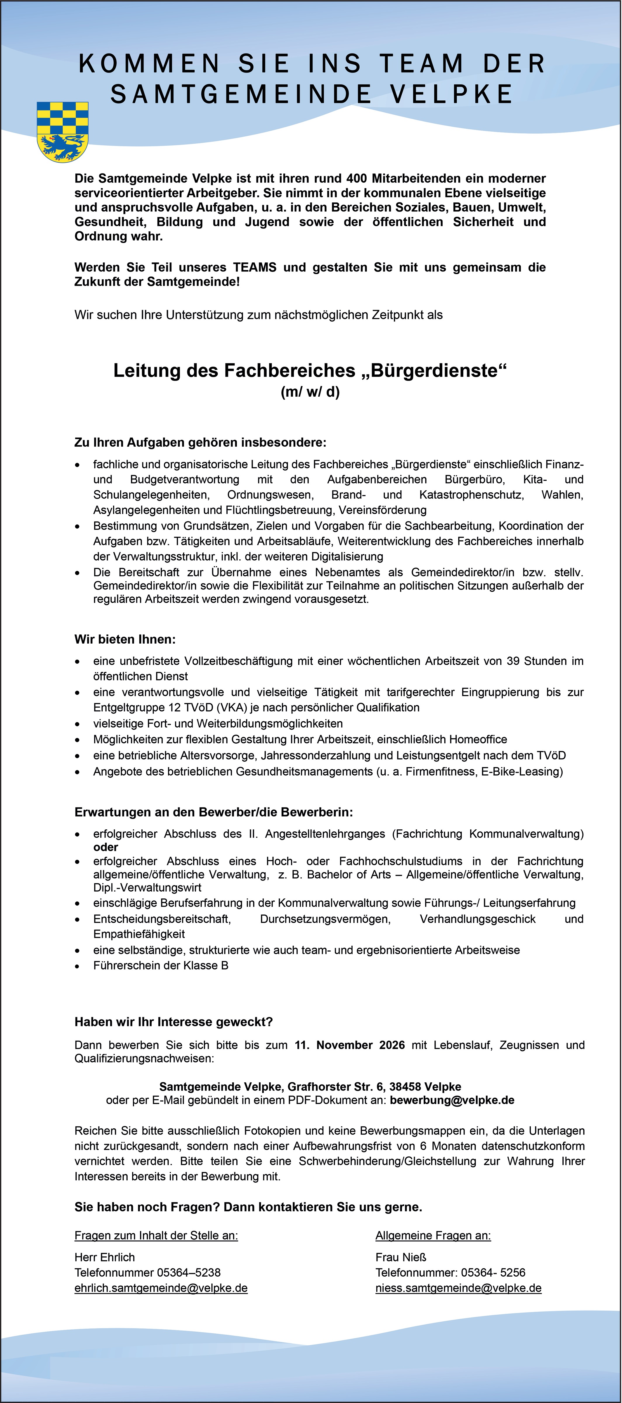 Verwaltungsfachwirt / Fachbereichsleitung Bürgerdienste (m/w/d)