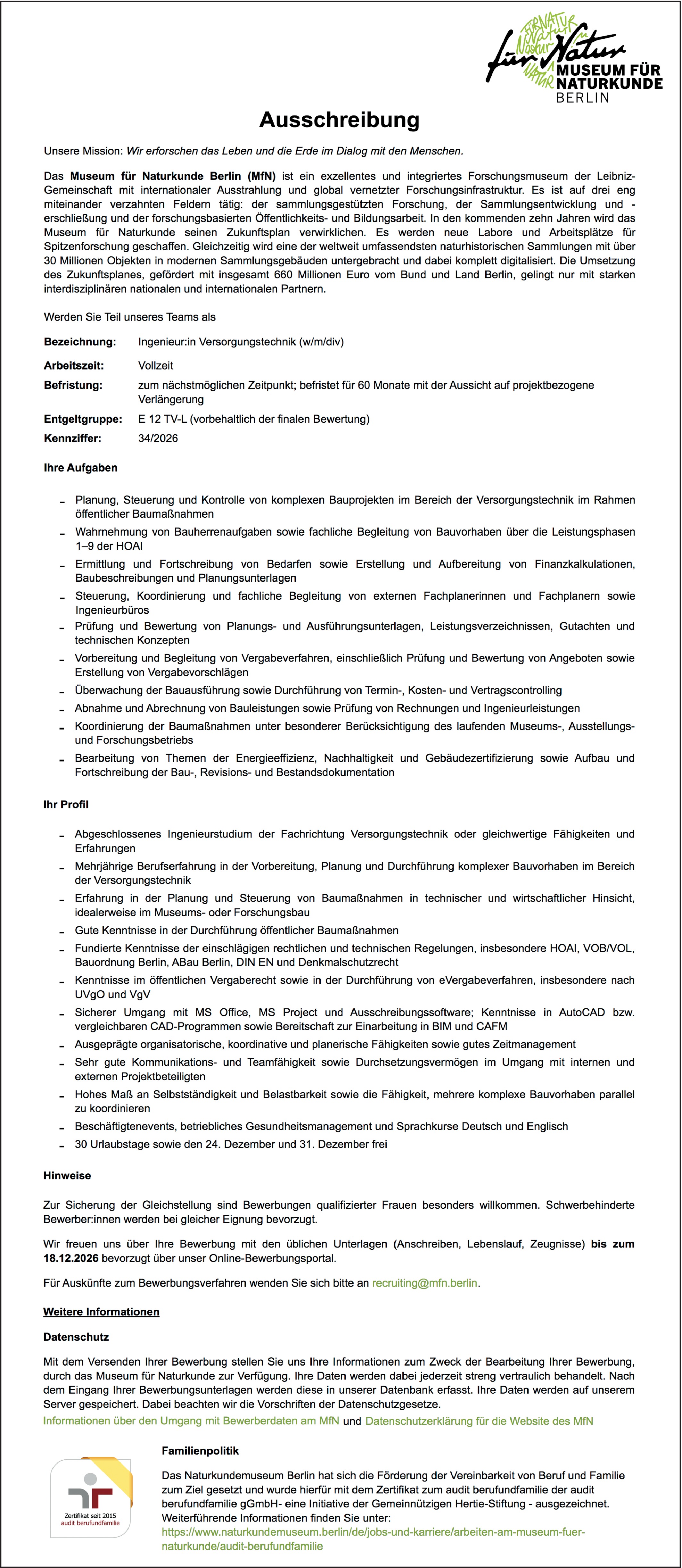 Ingenieur / Ingenieurin Versorgungstechnik