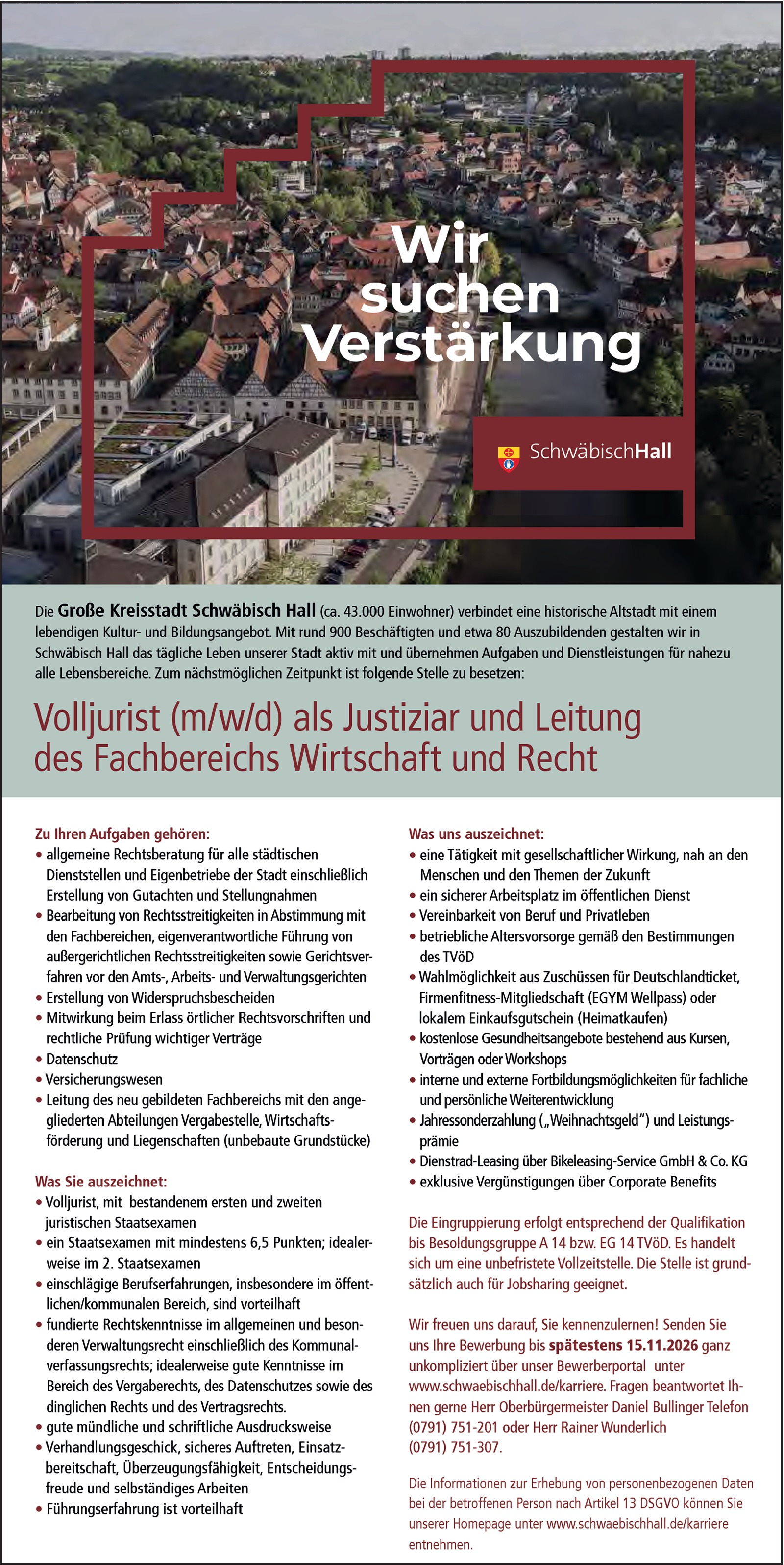 Volljurist / Justiziar und Fachbereichsleitung Wirtschaft und Recht (m/w/d)