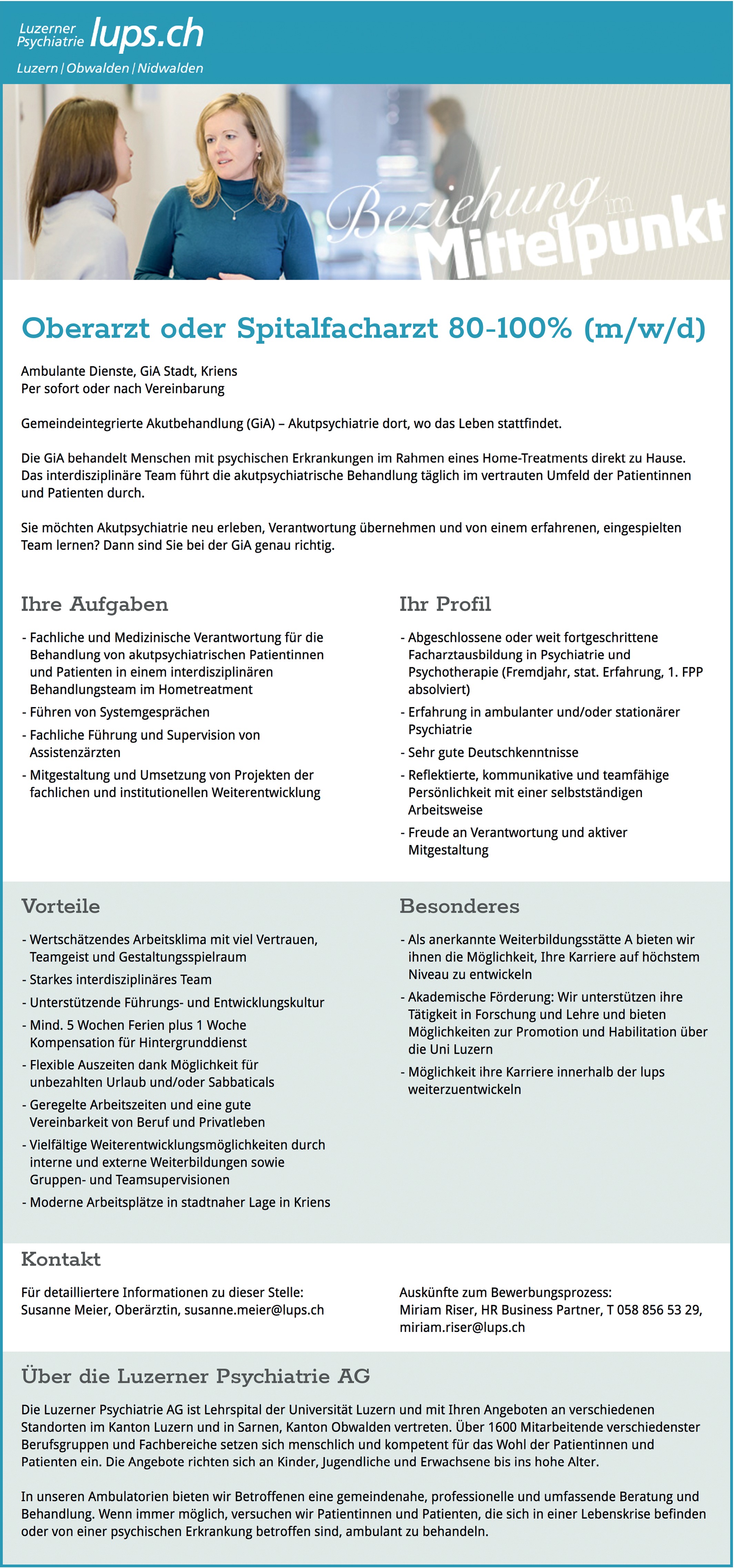 Oberarzt oder Spitalfacharzt m/w/d