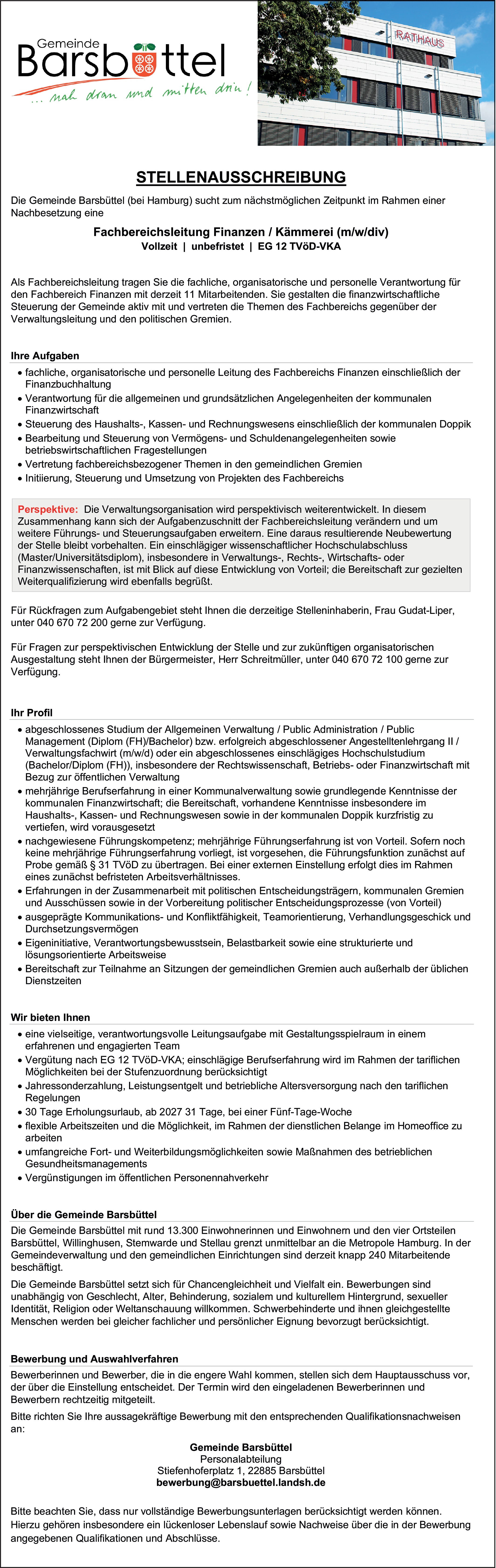 Kämmerer / Fachbereichsleitung Finanzen (m/w/d)
