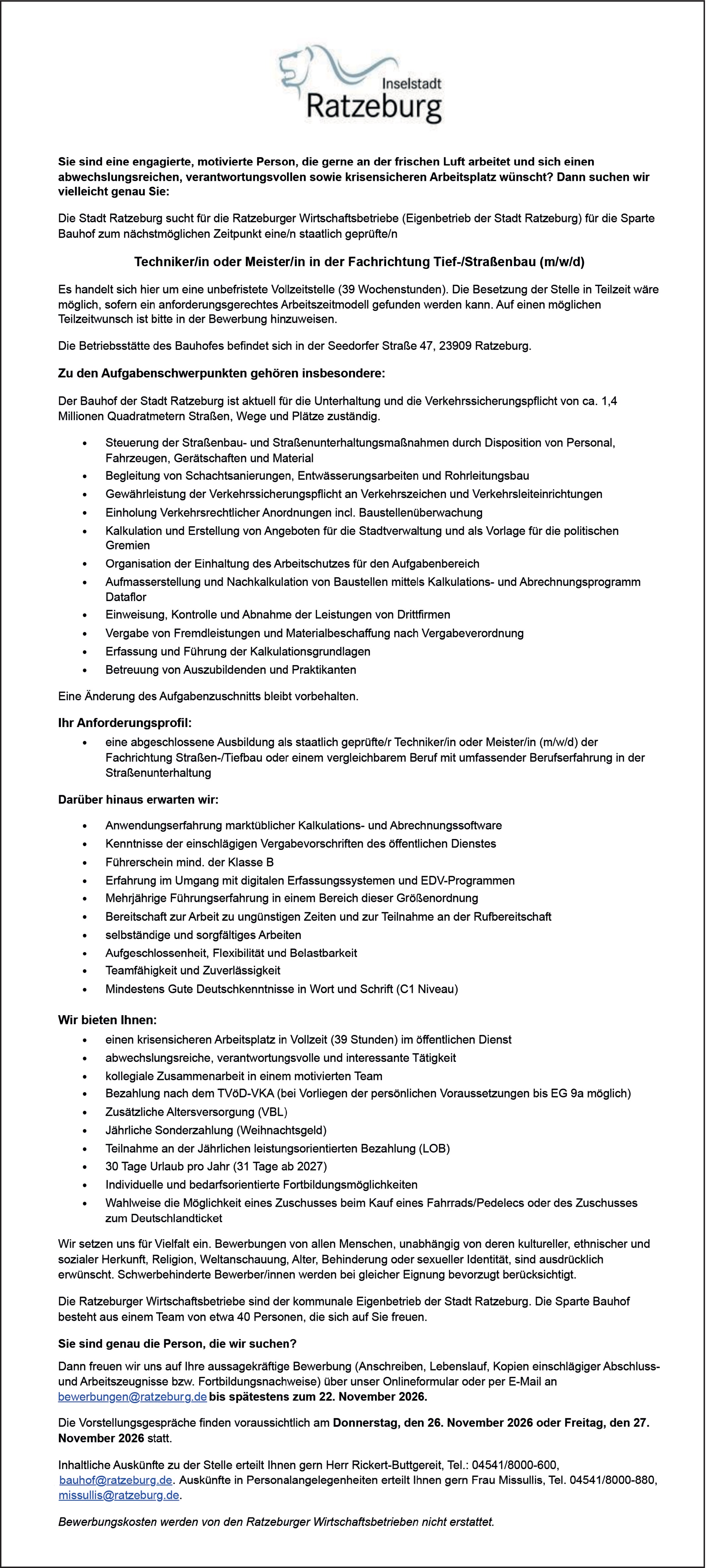 Techniker oder Meister Fachrichtung Tiefbau / Straßenbau m/w/d